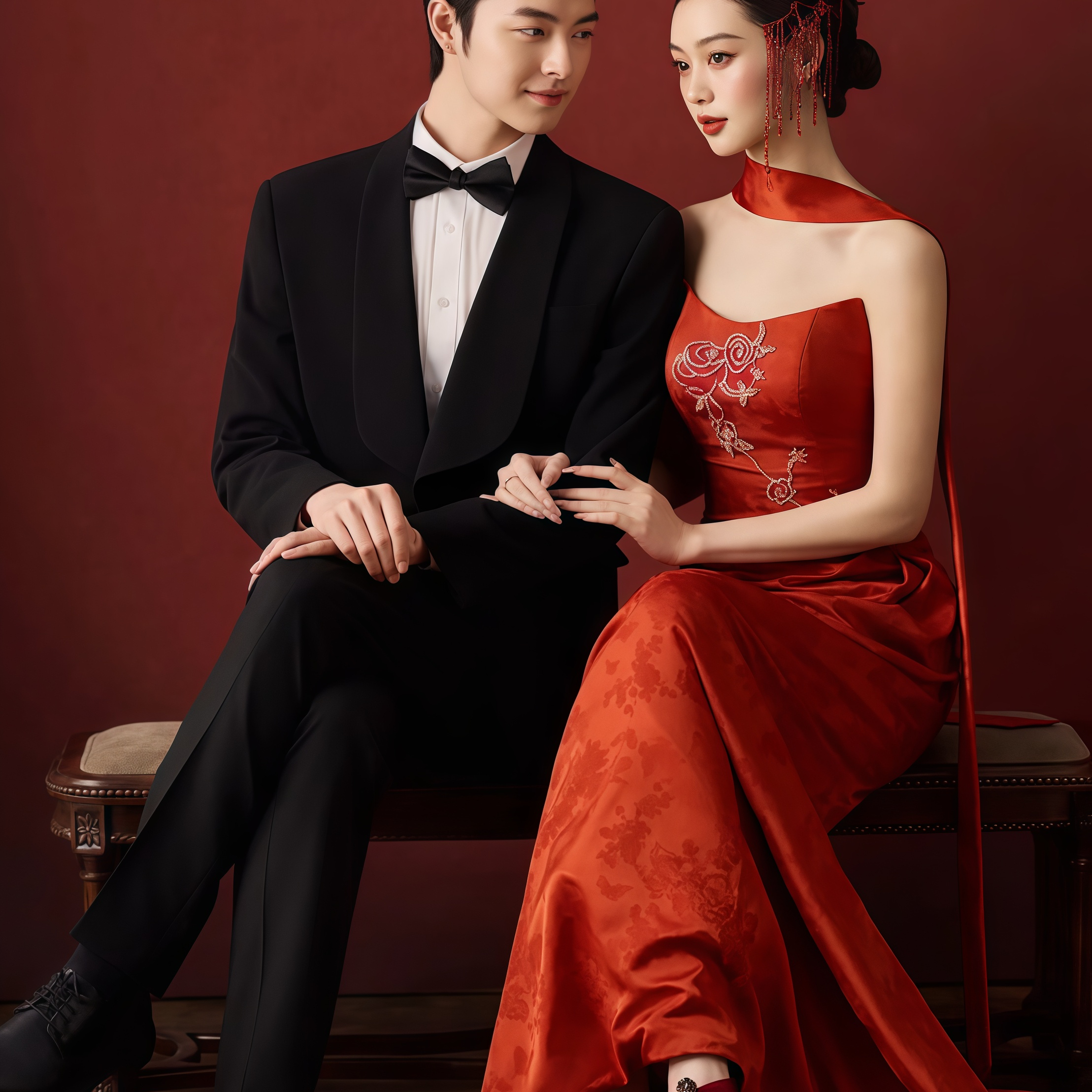 欧式婚礼情侣旅拍大领圆领绅士男装 新中式绝美拖尾旗袍订婚礼服