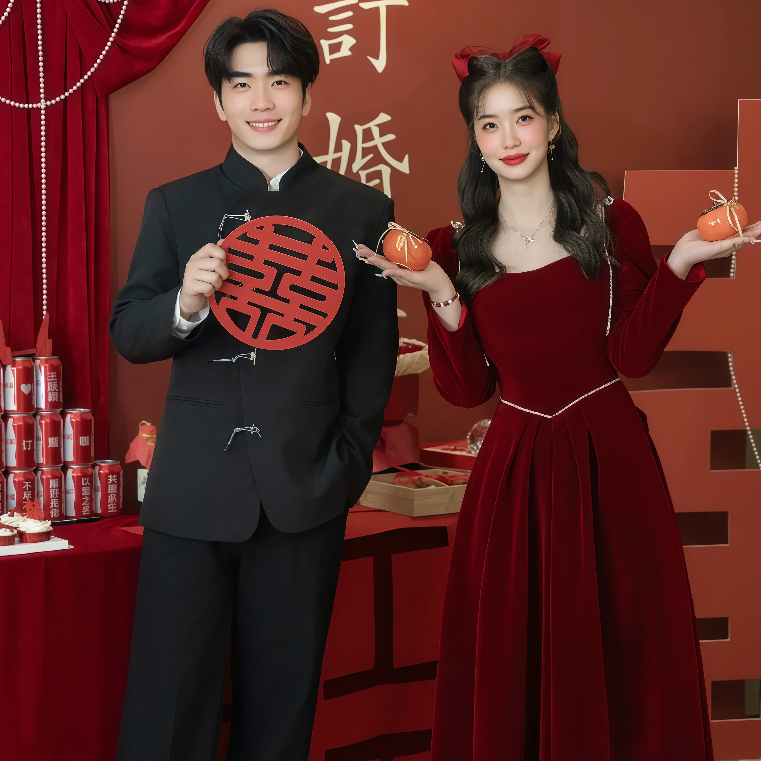 欢喜橙 新中式中国风订婚男生穿搭西服套装男正装结婚西装高级感