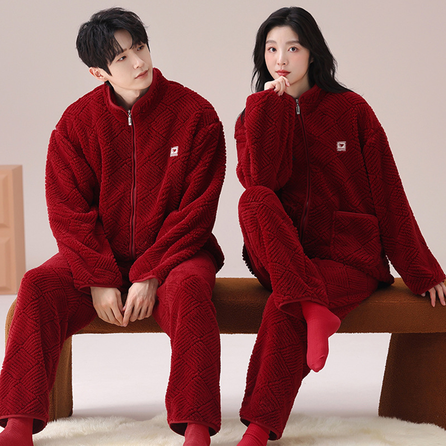 欢喜橙/结婚睡衣女士款情侣冬季加绒保暖红色喜庆家居服男士套装