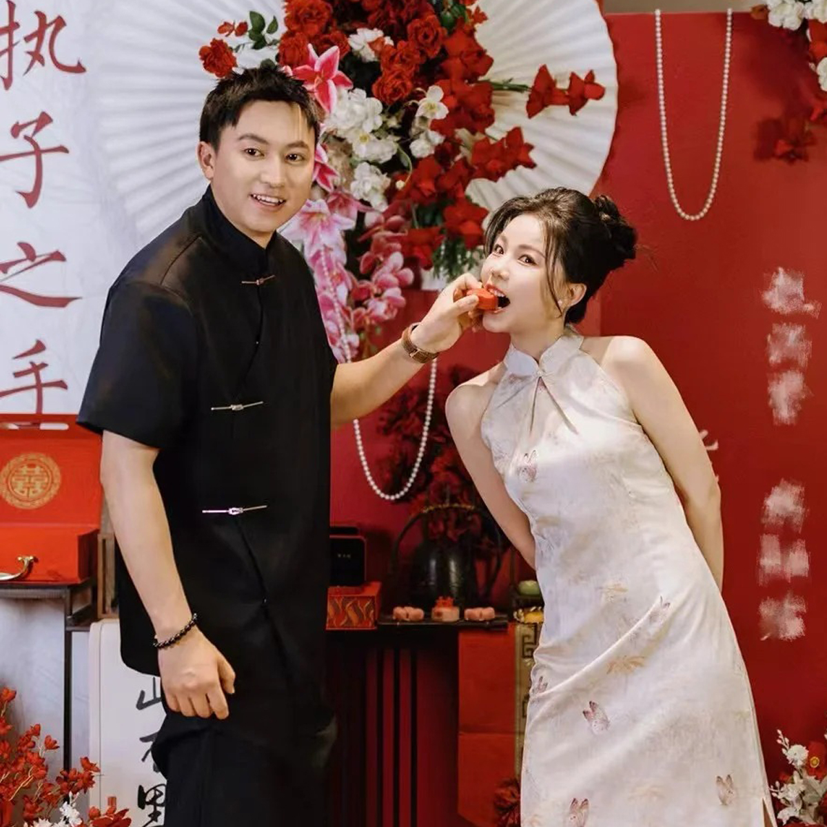 欢喜橙【玄墨】订婚男装痞帅立领衬衫短袖夏季登记领证西装衬衣