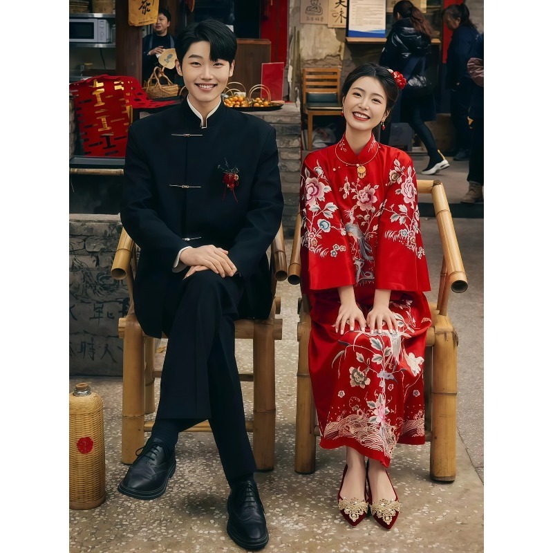 中国风结婚订婚痞帅立领飞机扣高级感西装外套订婚登记领证男装