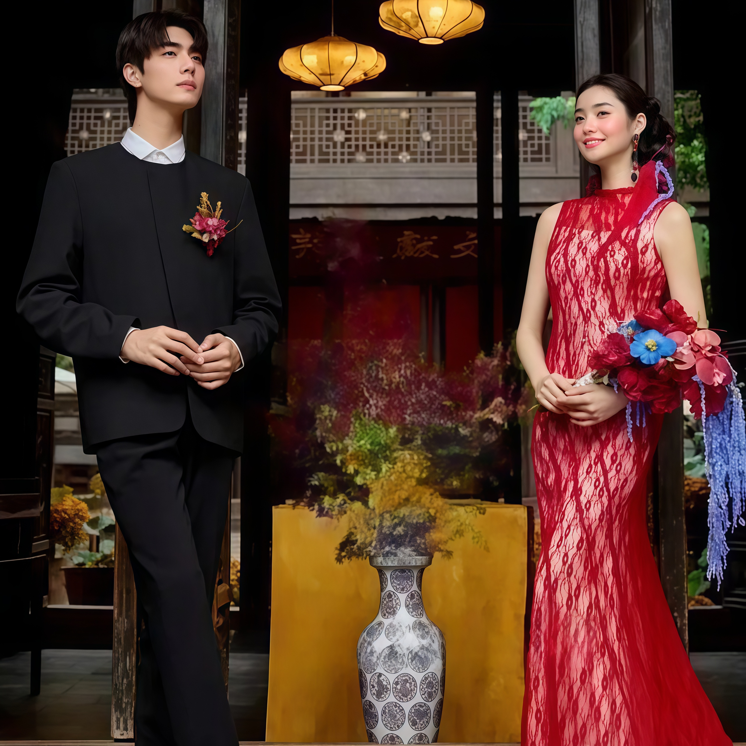 欢喜橙 2025新款简约圆领宽松垫肩西装外套休闲百搭新郎结婚套装