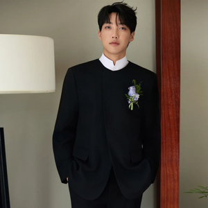 欢喜橙【子期】休闲西装无领宽松订婚男士西服外套新郎结婚领证