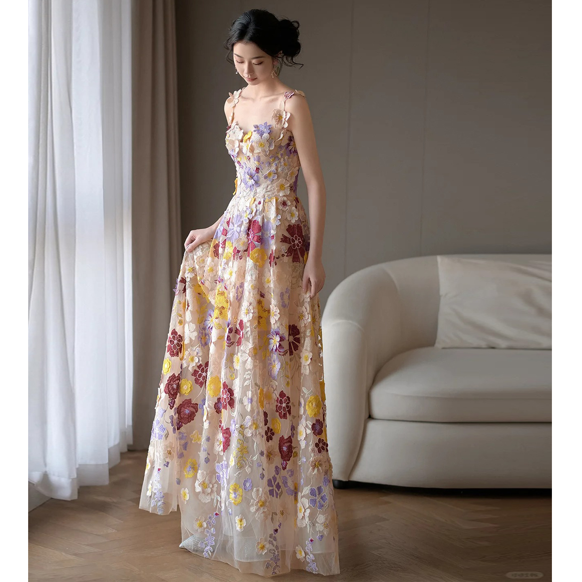 【繁花】轻婚纱晨袍新娘高端轻奢小众礼服法式花朵连衣裙日常可穿