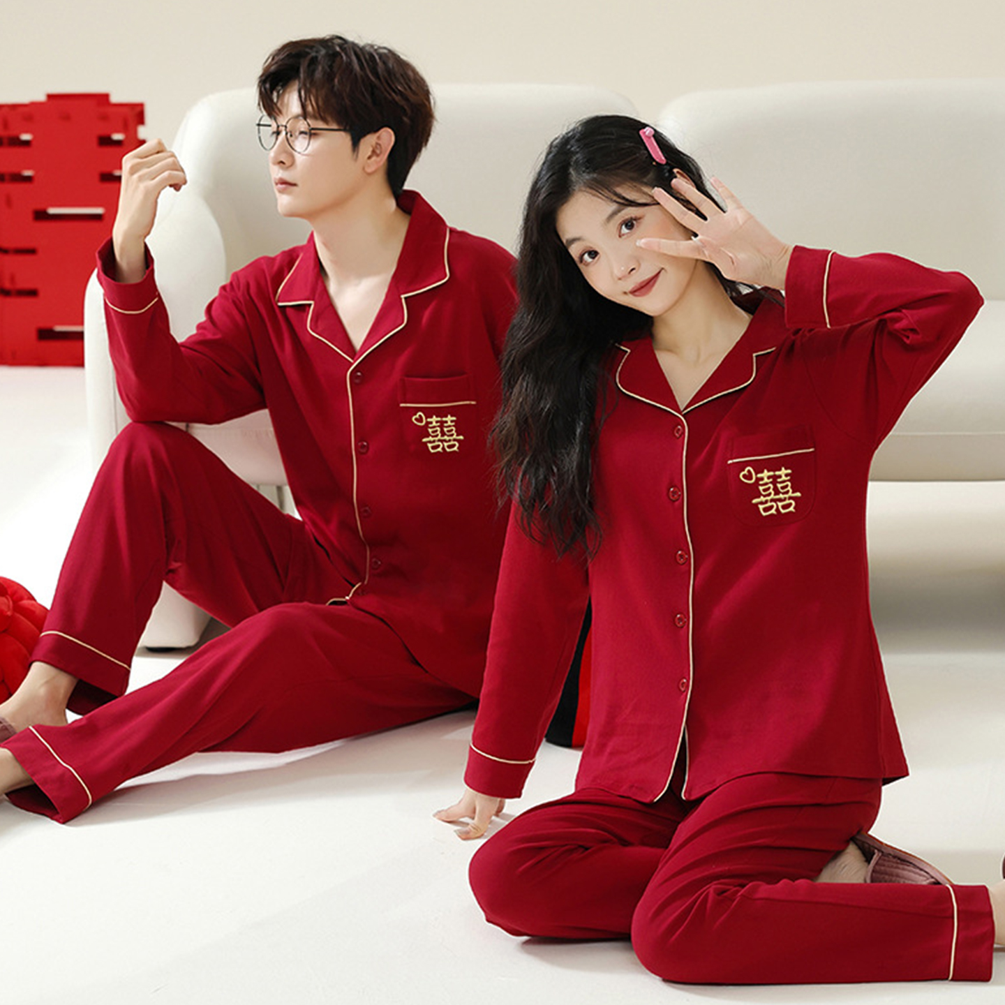 欢喜橙/红色睡衣女新婚情侣套装新娘新郎100%纯棉大码男士家居服