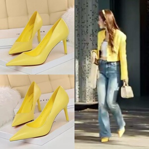 黄色细跟高跟尖头白色明星女单鞋玫瑰的故事黄亦玫刘亦菲同款鞋子