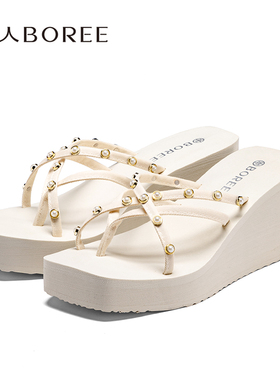 宝人2025新款拖鞋厚底坡跟EVA防滑外穿增高人字拖女款海边度假夏