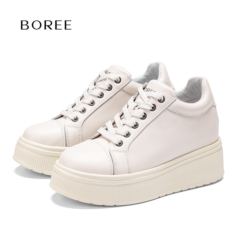 Boree/宝人新款增高厚底板鞋户外运动休闲小白鞋女款时尚潮流真皮图片