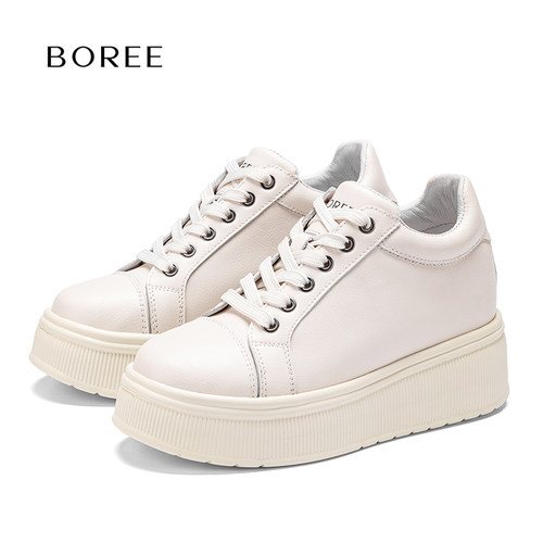 Boree/宝人新款增高厚底板鞋户外运动休闲小白鞋女款时尚潮流真皮