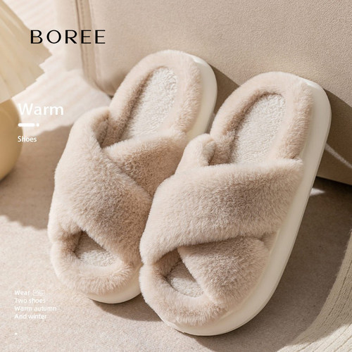 Boree/宝人2025新款毛毛拖鞋厚底舒适女士秋冬家居露趾月子鞋外穿