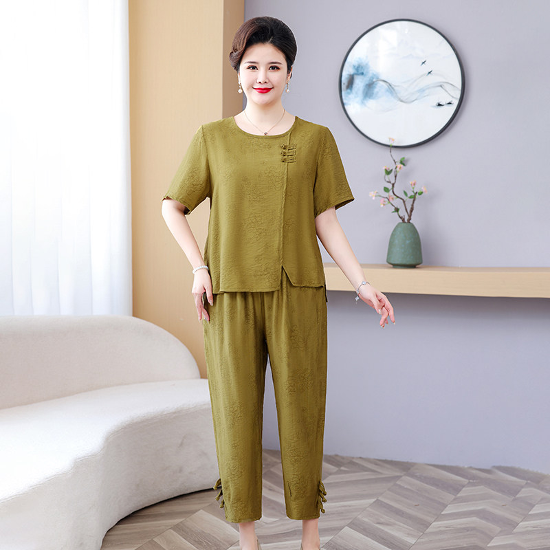 妈妈装显瘦新中式中国风套装大码洋气女装套装气质短袖裤子两件套
