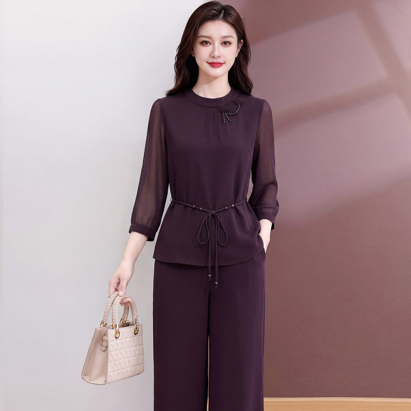 高档时尚薄款七分袖两件套女2026夏季新款妈妈通勤洋气阔腿裤套装