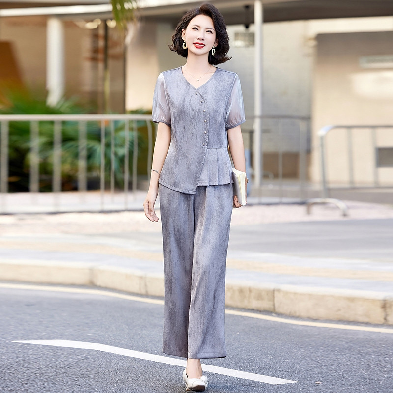 妈妈装2026新款V领套装 中老年女夏季气质阔腿裤两件套