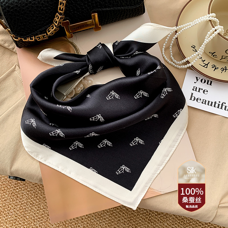 黑色系职业装饰100%桑蚕丝真丝小方巾女士春秋季百搭空姐领巾围脖