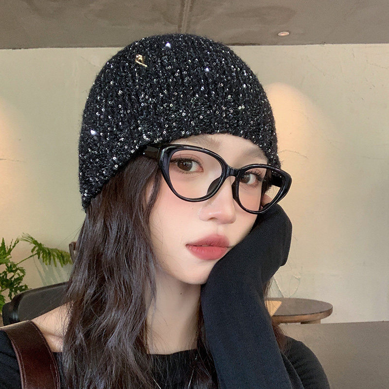 jennie同款韩国冷帽秋冬香香女孩亮闪片针织帽时尚显脸小包头帽子