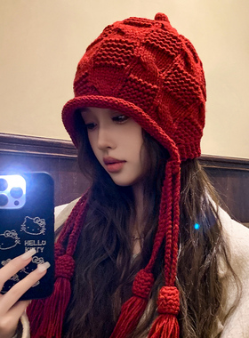 2025新款时尚安可拉红色毛线帽子女生秋冬季保暖手工辫子针织帽潮
