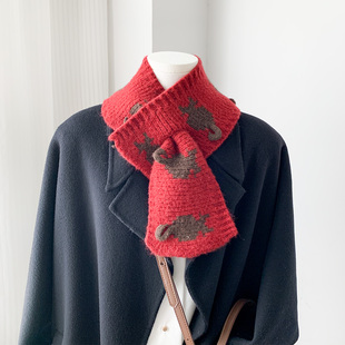 2025新款 厚保暖学生百搭潮 可爱猫咪针织毛线围脖女交叉小围巾短款