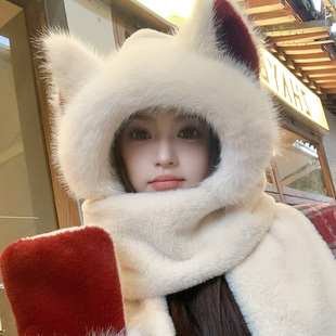 加厚毛绒帽子围巾一体女款冬季骑行电动车护耳保暖雷锋帽连帽围脖