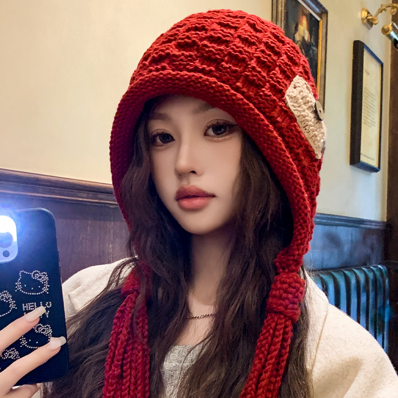 安可拉红色帽子女针织毛线帽显脸小秋冬季保暖护耳2024新款包头帽