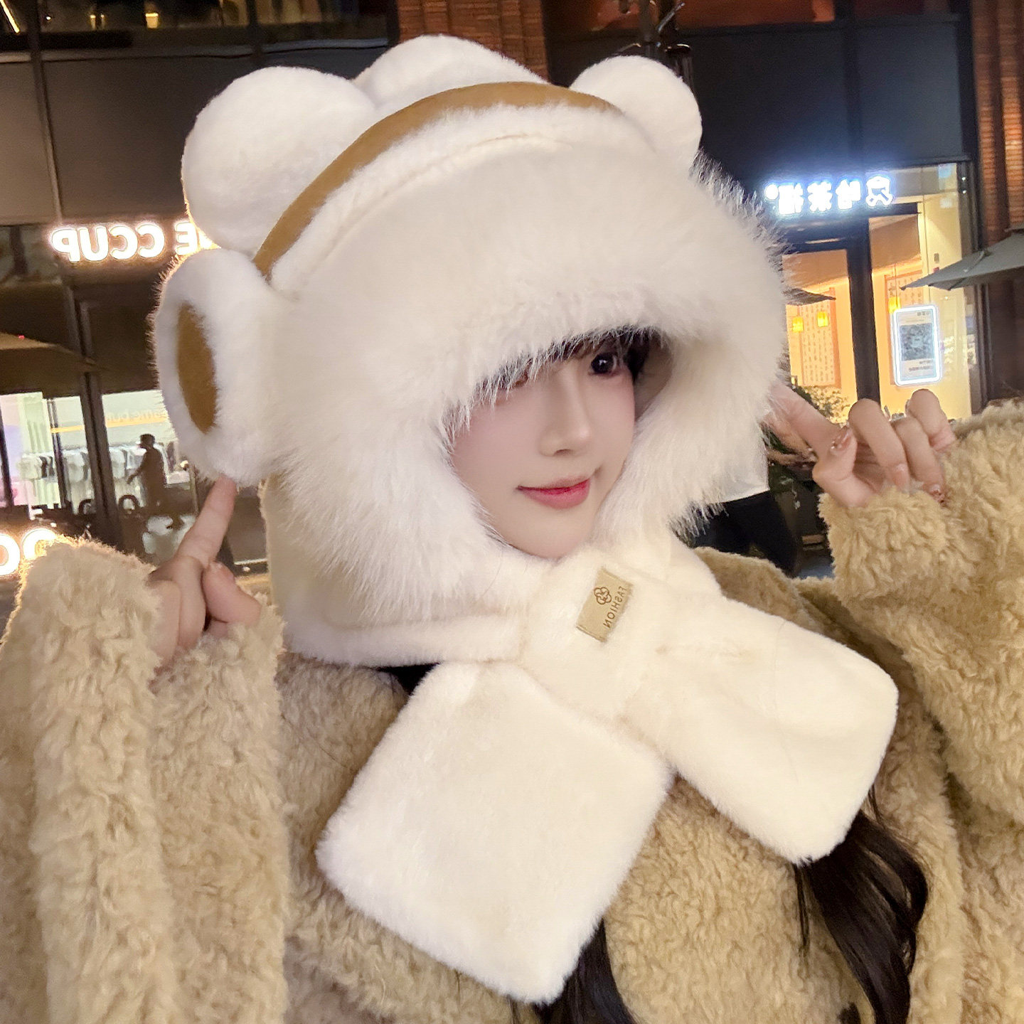 可爱耳机造型毛绒帽子围巾一体女秋冬加厚防寒护耳帽骑车雷锋帽男,服饰配件/皮带/帽子/围巾,帽子,淘宝优惠券,粉丝福利购,淘宝优惠卷