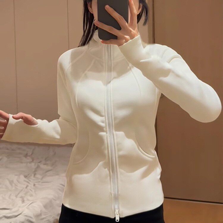 加绒加厚运动夹克开衫双拉链外套立领瑜伽服长袖上衣女健身修身