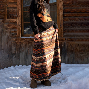 摇粒绒费尔岛半身裙女秋冬新款高腰下摆抽绳中长款裙子两穿灯笼裙