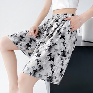 复古风冰丝蝴蝶宽松休闲短裤女24夏季新款高腰显瘦百搭阔腿五分裤