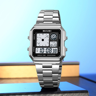 时刻美时尚方形钢带运动多功能电子表学生多组闹铃潮流防水手表男