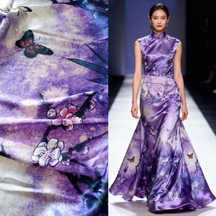紫梅花高档真丝面料旗袍连衣裙围巾重磅双宫喷绘弹力缎桑蚕丝布料