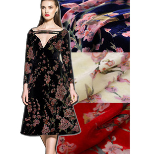 大红梅花真丝绒面料真丝烂花绒旗袍丝绸服装蚕丝天鹅绒金丝绒布料