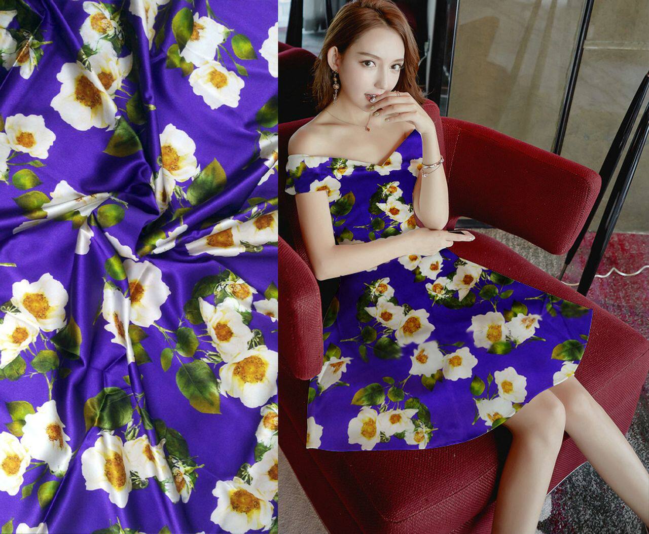 野山花数码印蓝底真丝弹力缎丝绸旗袍裙面料桑蚕丝绸真丝布料包邮