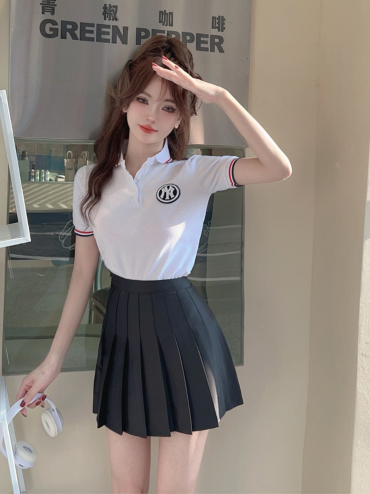 夏季时尚jk制服工作服学院风休闲polo衫短袖上衣百褶裙气质套装女