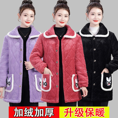冬季新款法兰绒棉衣加绒罩衣女三层加厚保暖家居服防寒棉服外套女