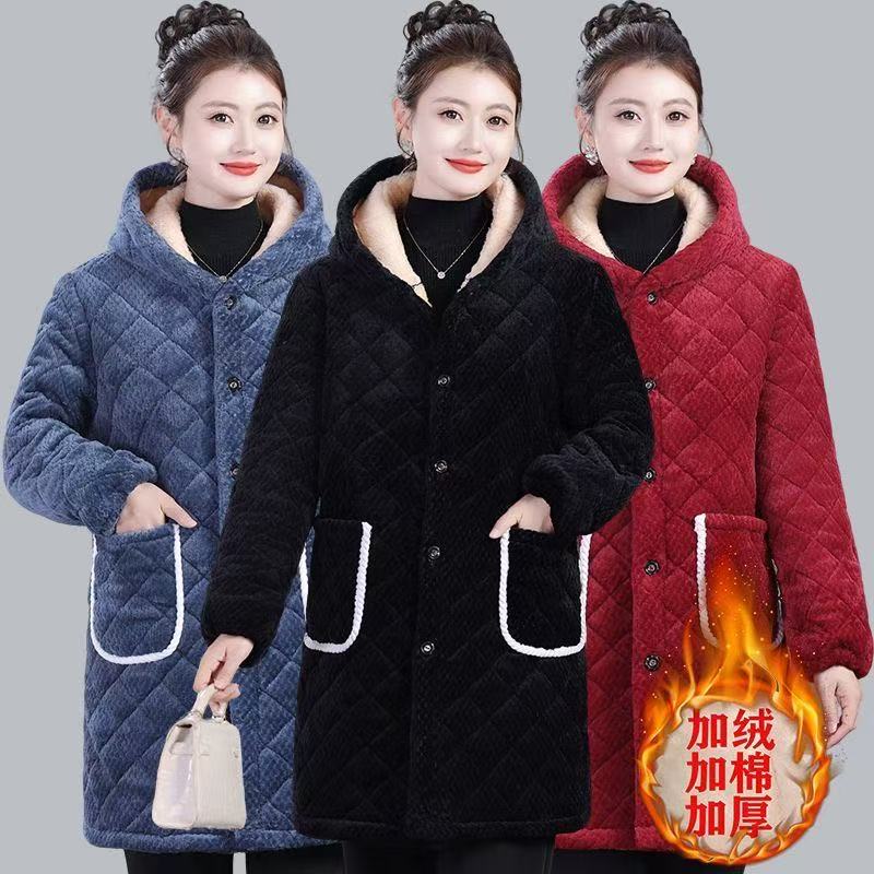 女装加绒加厚罩衣三层中长款棉衣