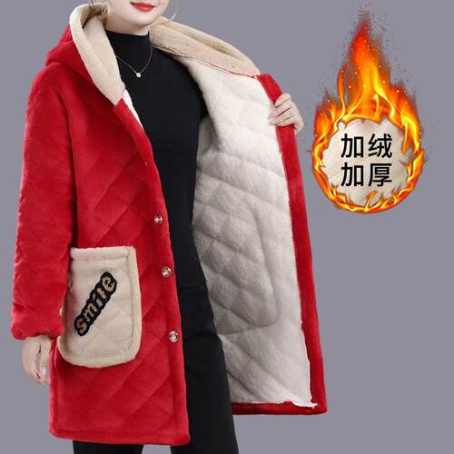 法兰绒加绒棉袄女士加厚棉服罩衣