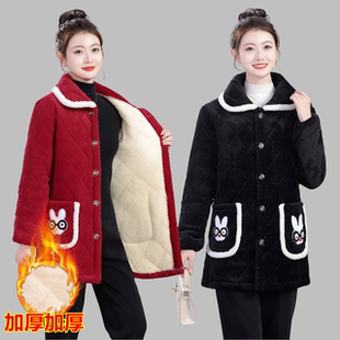 冬季 法兰绒加绒加厚罩衣棉服女三层就夹棉保暖家居服防寒棉衣外套
