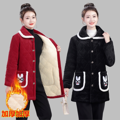冬季法兰绒加绒加厚罩衣棉服女