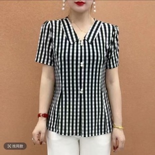小衫 夏季 洋气宽松印花中老年妈妈T恤显瘦短袖 2025新款 上衣女 时尚