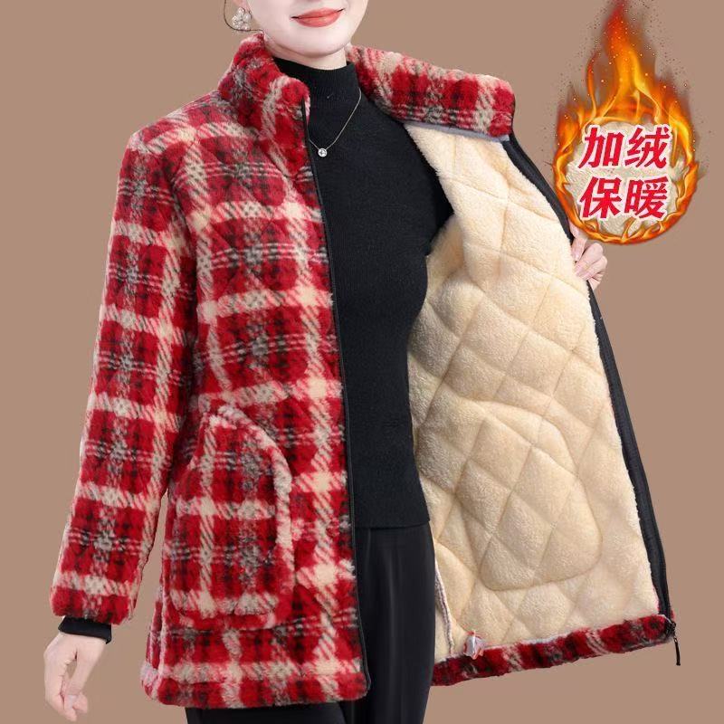 中年妈妈新款加绒豹纹冬季罩衣加厚棉服棉衣保暖时尚棉袄居家外套