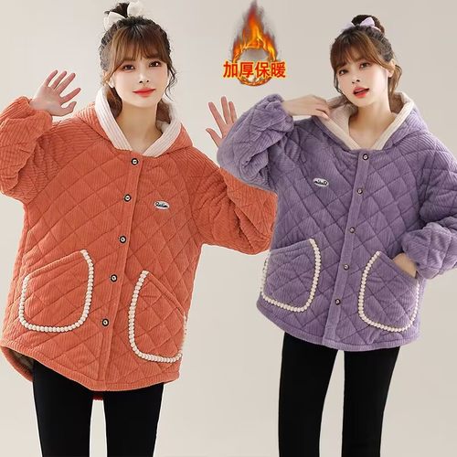 加绒加厚罩衣女家居服加绒外套