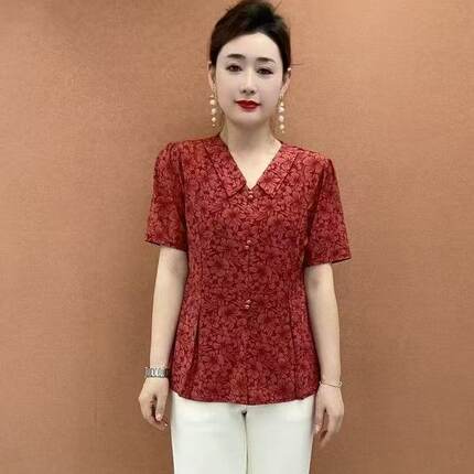 女士T恤短袖夏季款妈妈印花时尚减龄小衫显瘦遮肉洋气打底衫上衣