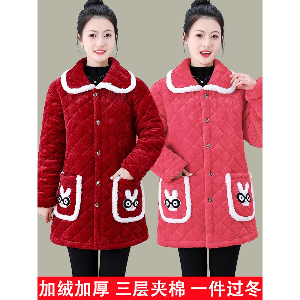 冬季法兰绒加绒加厚罩衣棉服