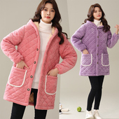 法兰绒加绒加厚女装 冬季 新款 家居服三层夹棉保暖罩衣防寒棉衣外套