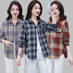 女士长袖 防晒格子衬衫 上衣外套春秋中老年宽松棉料衬衣 夏季 妈妈装