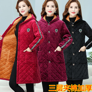 冬季女士加绒加厚罩衣棉服外套金丝绒夹棉耐脏保暖中长款工作服女