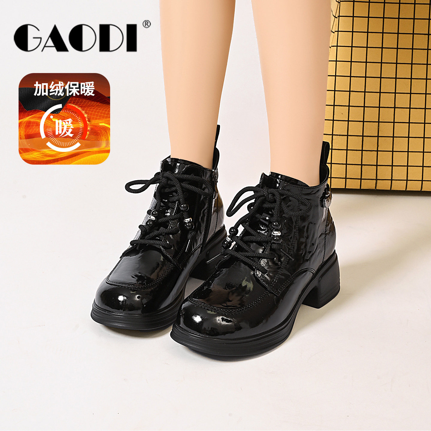 高蒂漆皮机车靴女冬季加绒及踝乐福鞋粗跟系带短靴百搭时装靴