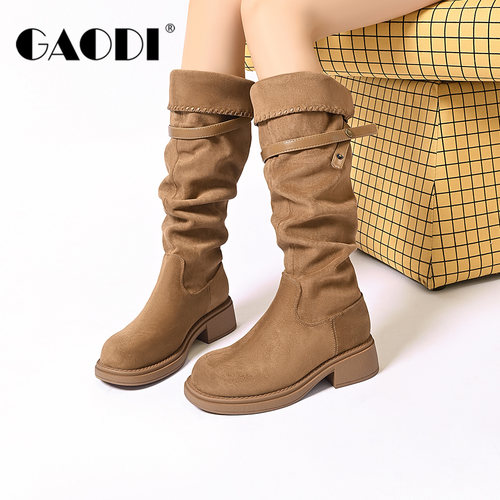 高蒂复古棕色堆堆靴女长靴