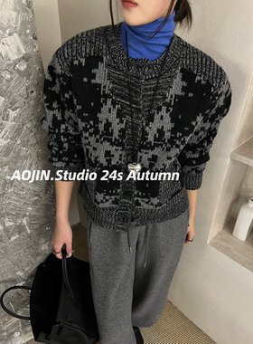 韩系重工复古提花圆领单排扣宽松显瘦针织开衫(含100%羊毛)91015#