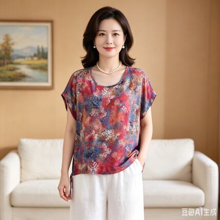 薄款宽松短袖中老年妈妈绵绸小衫圆领透气凉快上衣夏季妈妈T恤衫