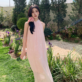 法式温柔风亮片挂脖连衣裙女2025夏季新款韩版宽松显瘦甜美长裙子，女装连衣裙，2C009